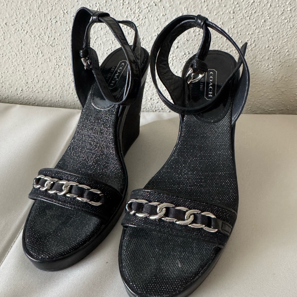 Coach Black Wedge Sandals with Chain Detail